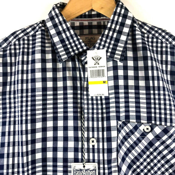 Flag & Anthem Mens Long Sleeve Woven Navy Blue White Plaid Shirt Sz Medium $59 - Picture 3 of 5